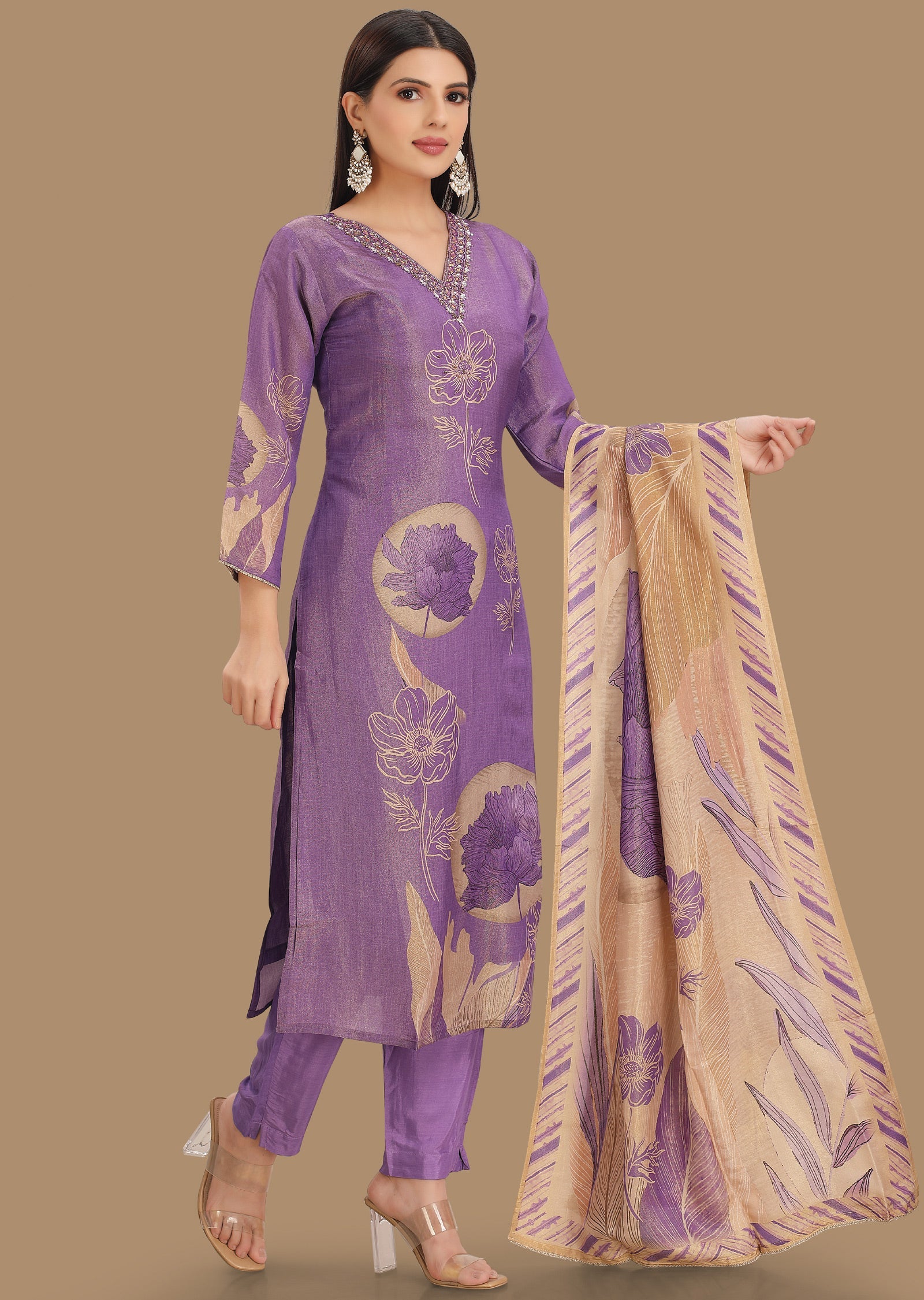 Lavender Tissue Silk Straight Cut Suits
