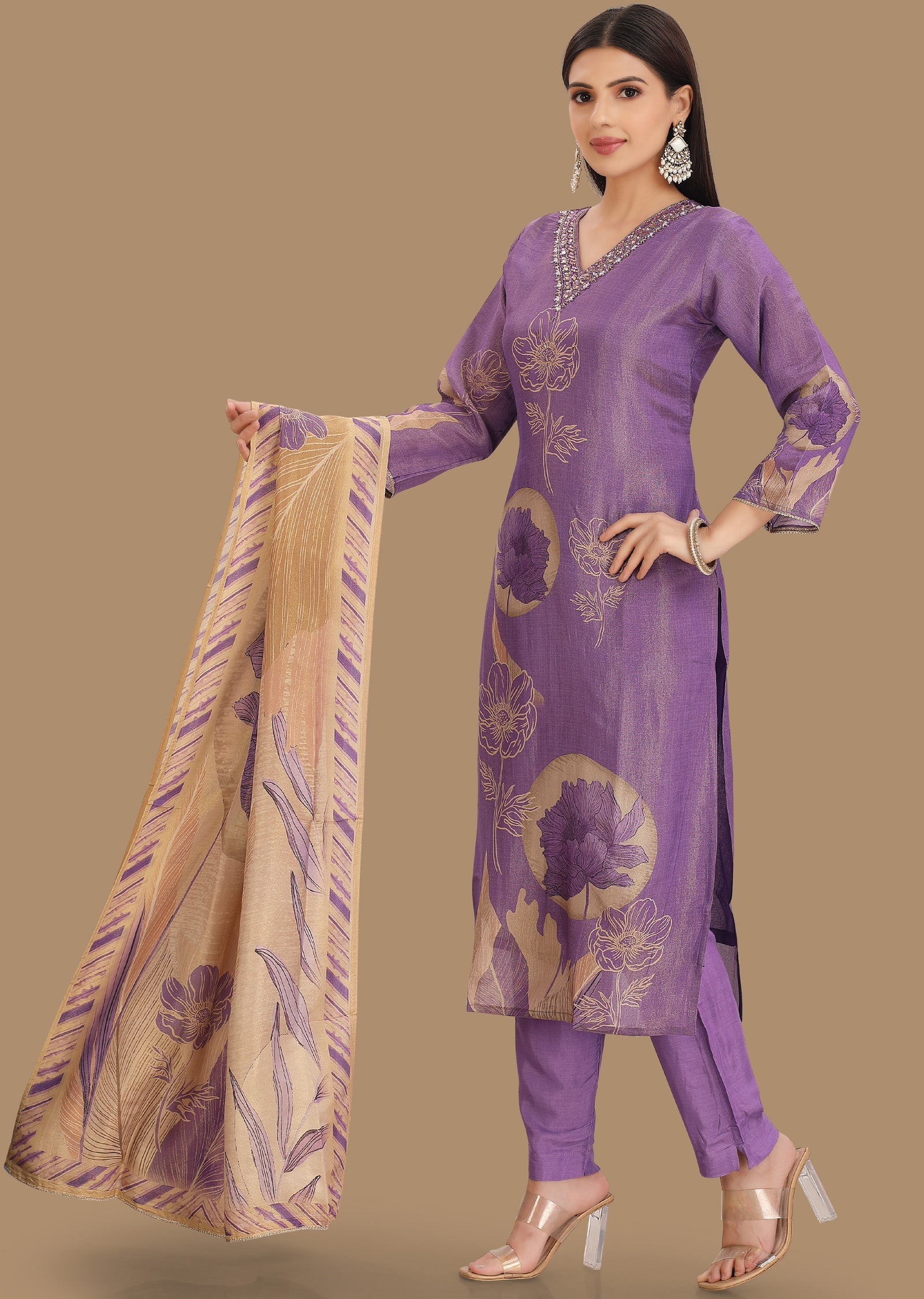 Lavender Tissue Silk Straight Cut Suits