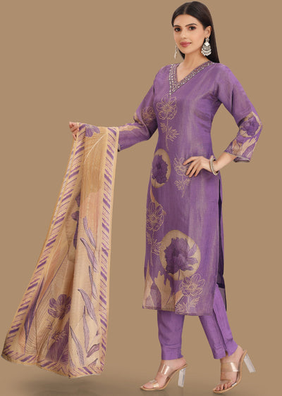 Lavender Tissue Silk Straight Cut Suits
