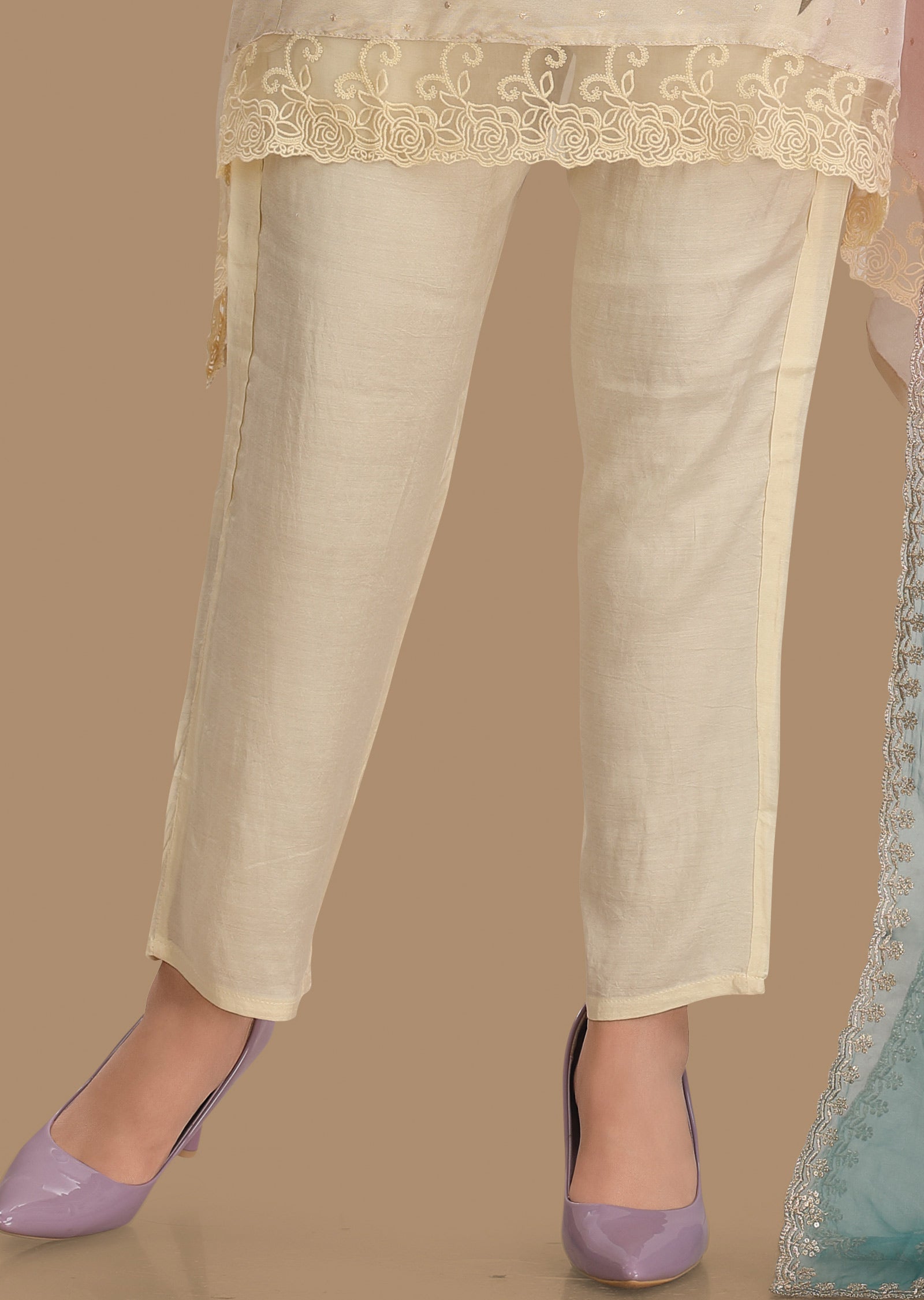 Cream Banaras Tissue Silk Straight Cut Suits