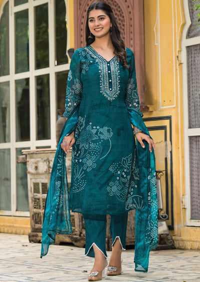 Rama Green Organza Straight Cut Suit