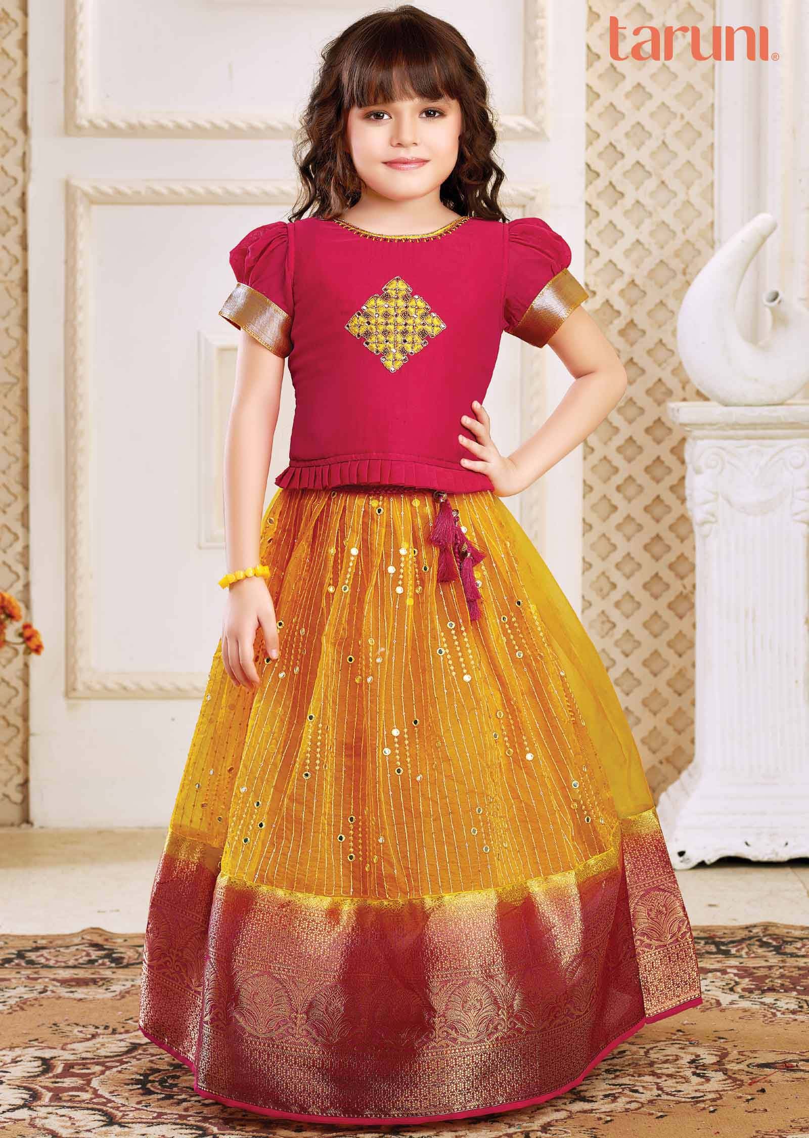 Rani Pink /Yellow Silk/Tissue Zardosi & Embroidered Kidswear