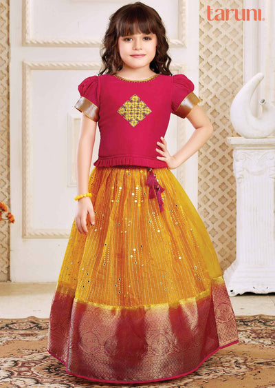 Rani Pink /Yellow Silk/Tissue Zardosi & Embroidered Kidswear