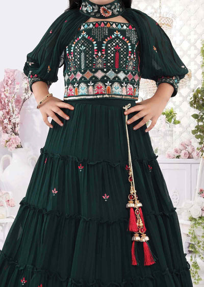 Bottle Green Georgette Embroidered Kids Lehenga