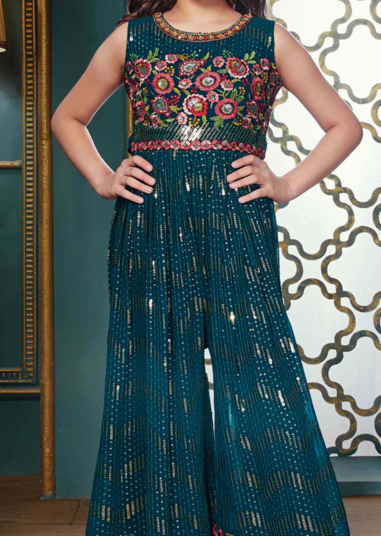 Rama Blue Georgette Sequins Kids Jumsuit