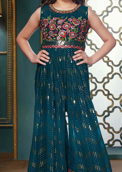 Rama Blue Georgette Sequins Kids Jumsuit