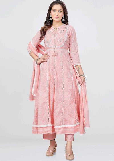 Pink Cotton Printed Anarkali