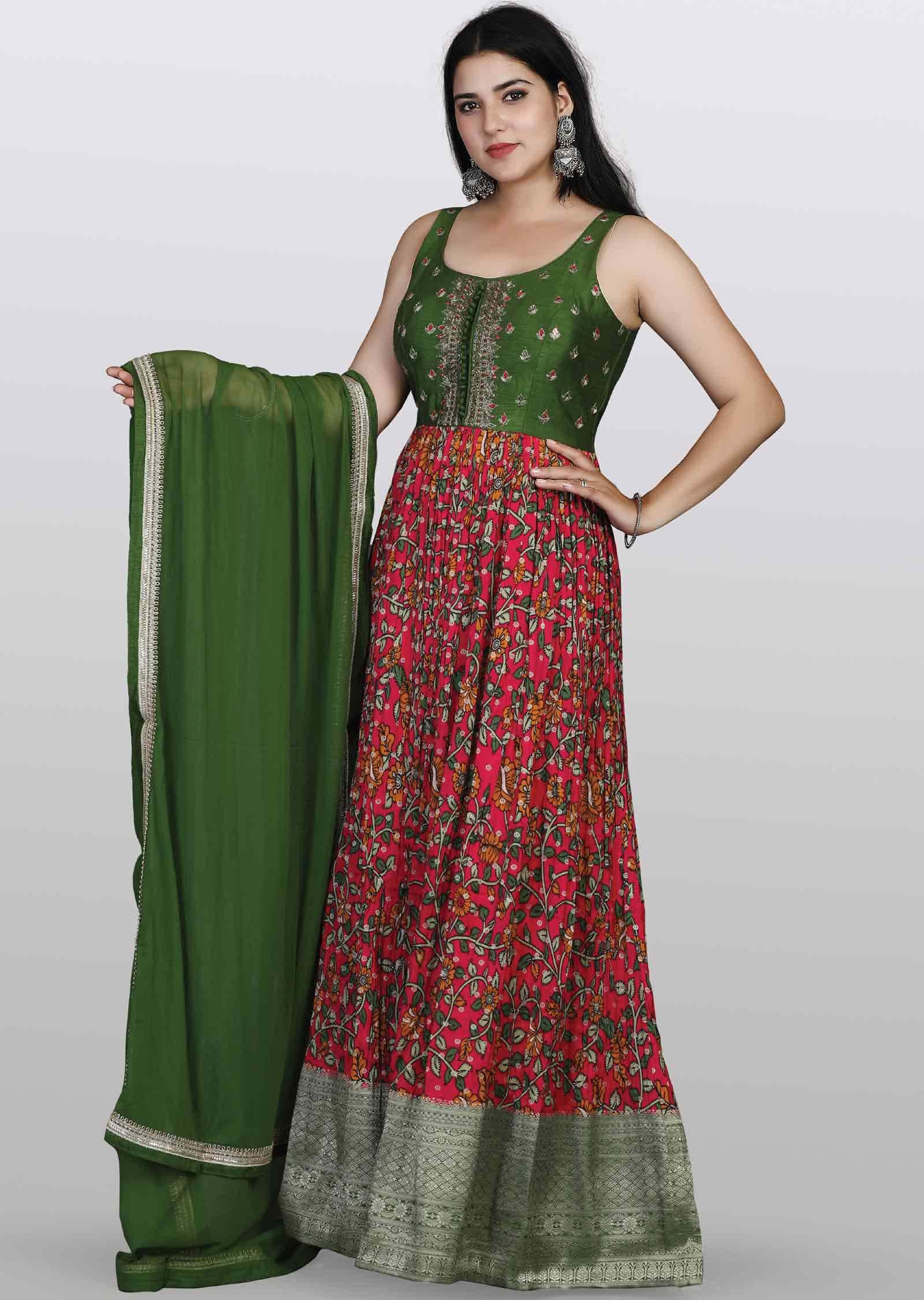 Green/Rani pink Banaras Silk Zardosi & Embroidered Anarkali