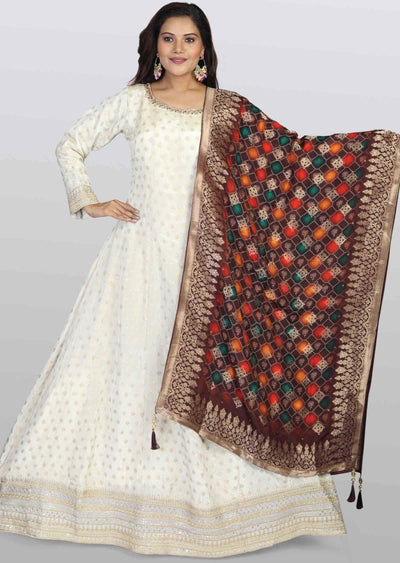 Cream Banaras tissue Silk Embroidered Anarkali