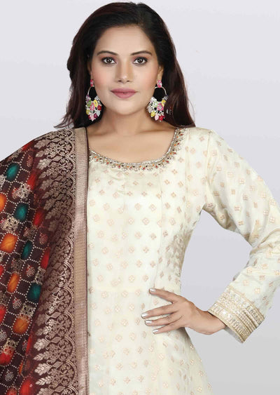 Cream Banaras tissue Silk Embroidered Anarkali