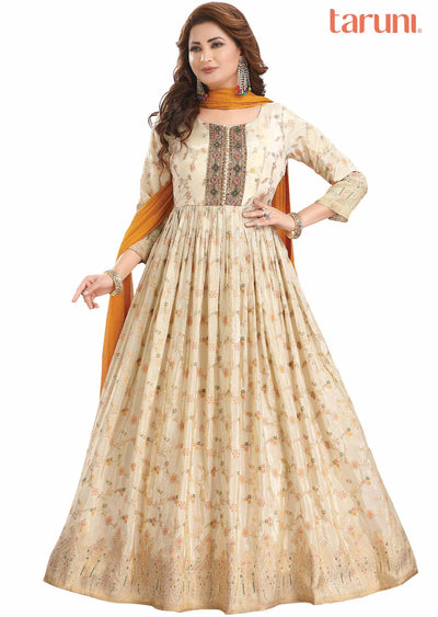 Cream Banaras Tissue Zardosi & Embroidered Anarkali