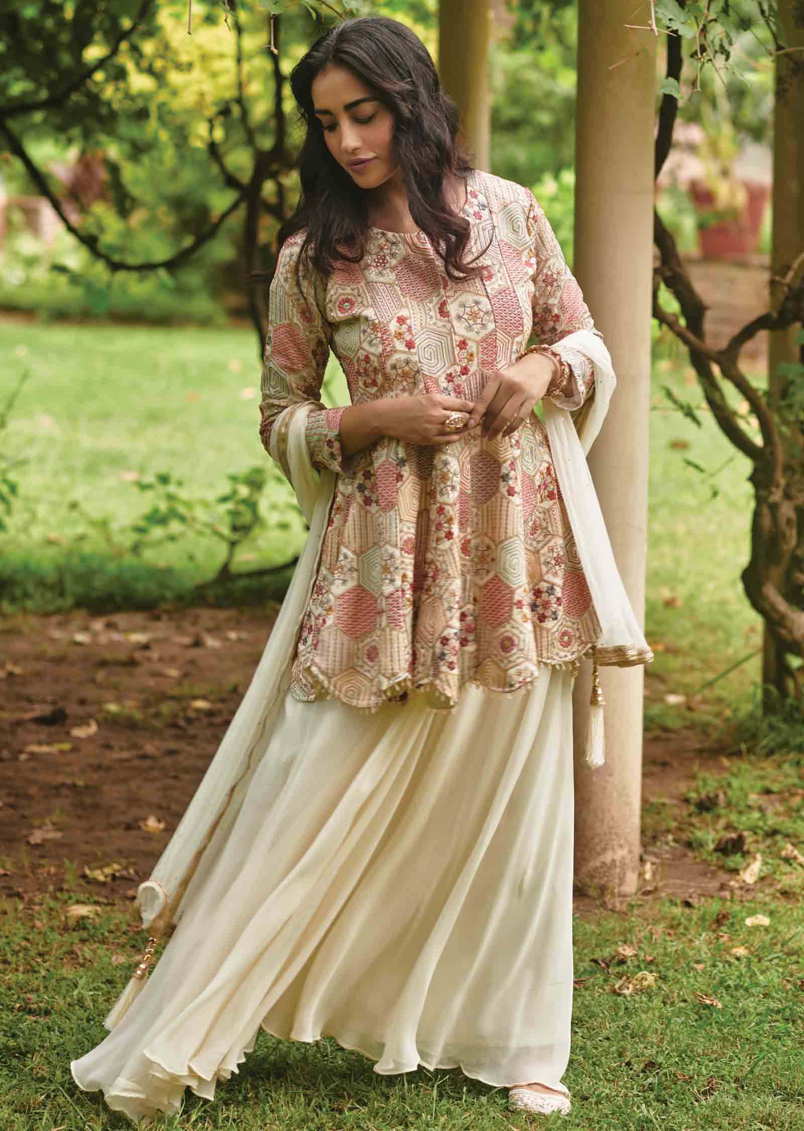 Cream Georgette Embroidered Pallazo Suit