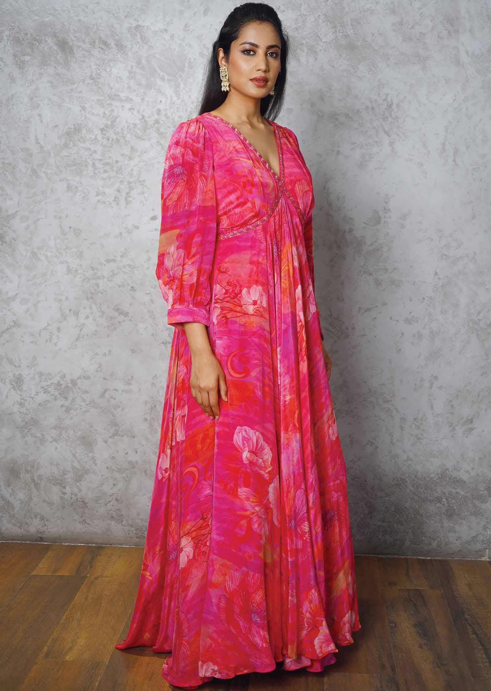 Rani Pink Crepe Printed Alia cut Gown