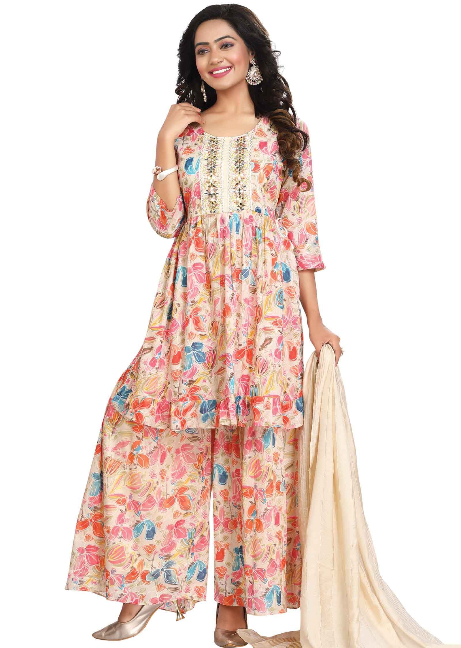 Cream Cotton Printed Shararas/Ghararas