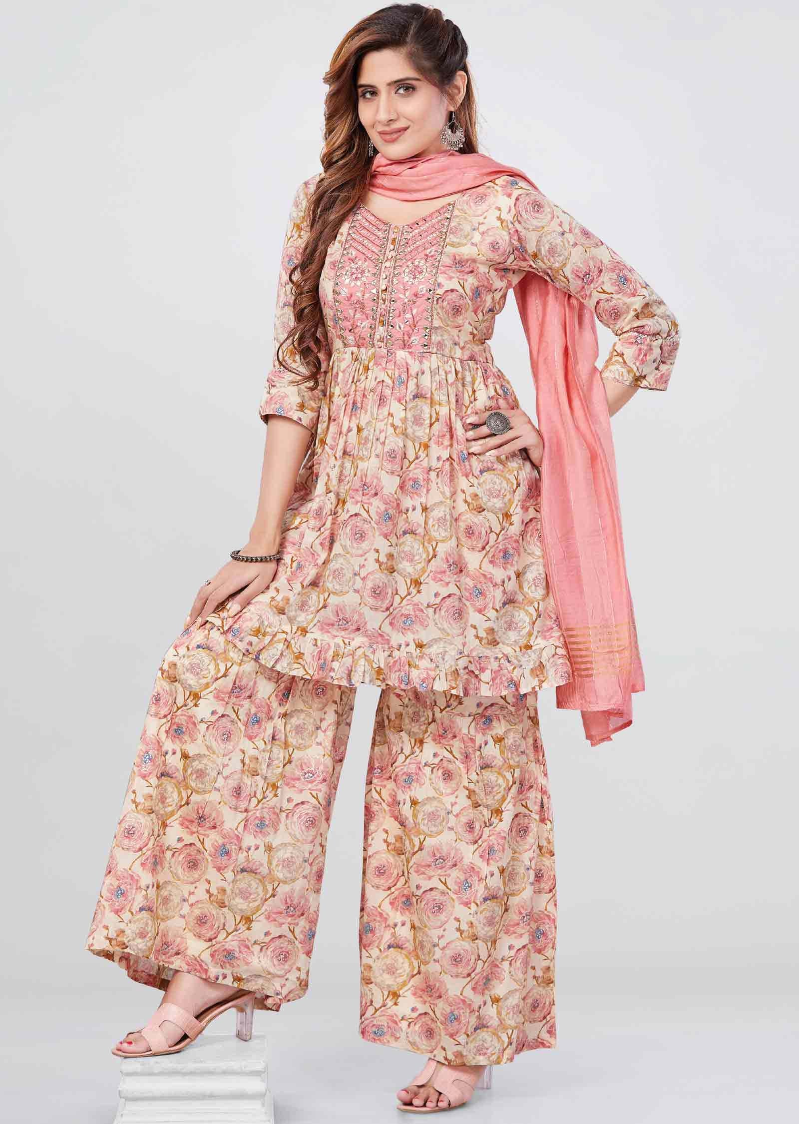 Beige Cotton Floral Printed Shararas/Ghararas