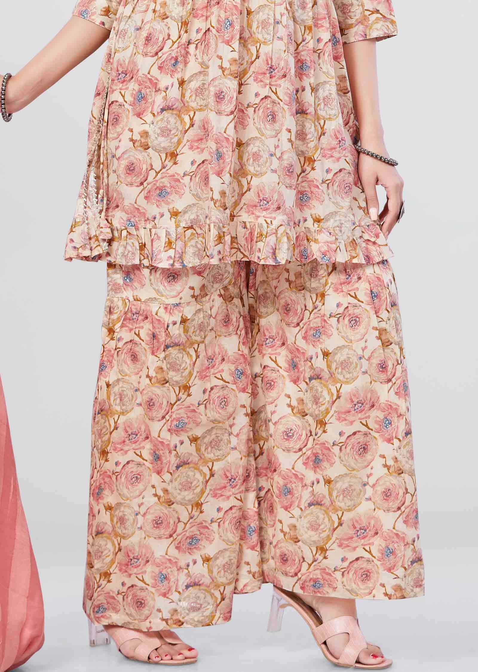 Beige Cotton Floral Printed Shararas/Ghararas