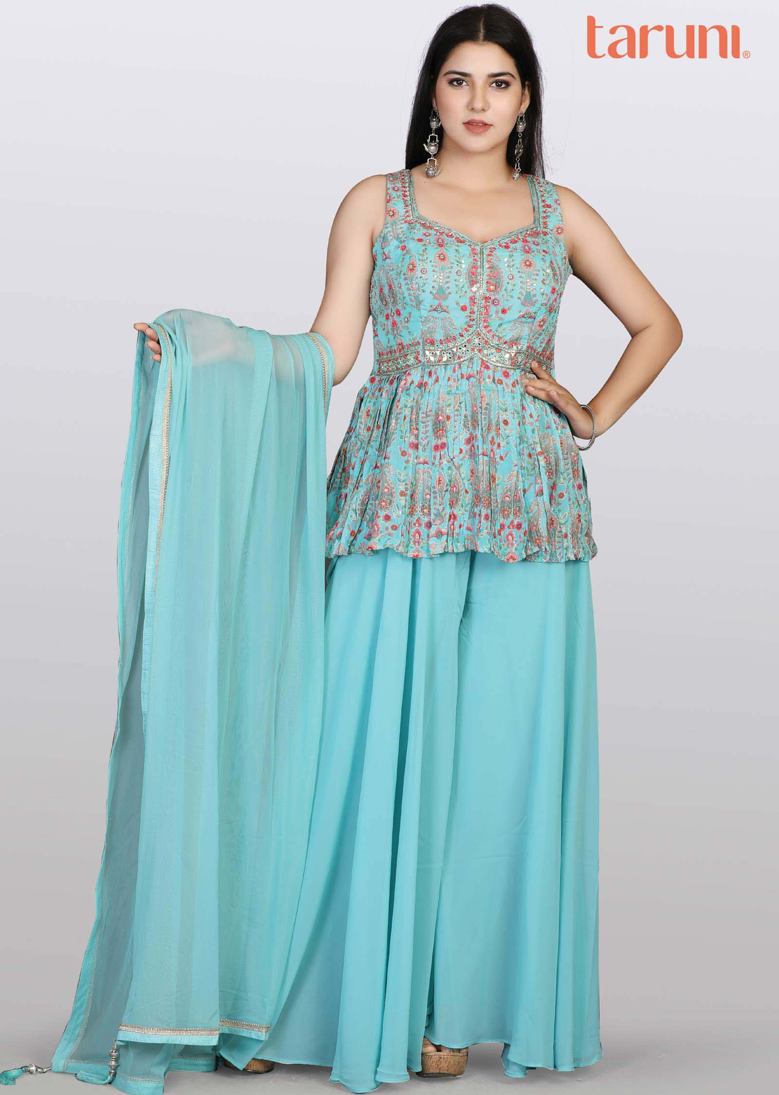 Sea Green Soft Organza Zardosi & Embroidered Peplum Suit