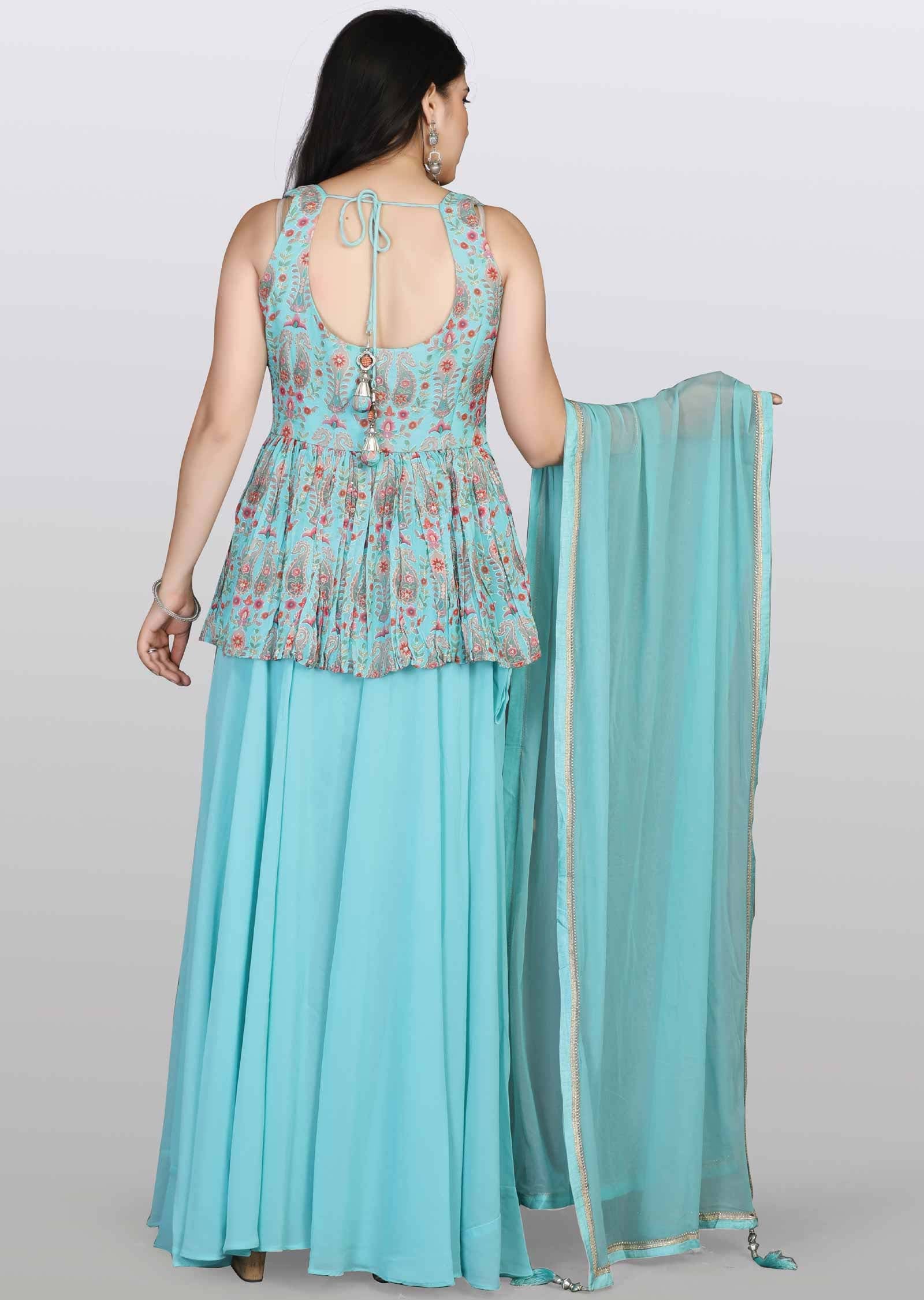 Sea Green Soft Organza Zardosi & Embroidered Peplum Suit