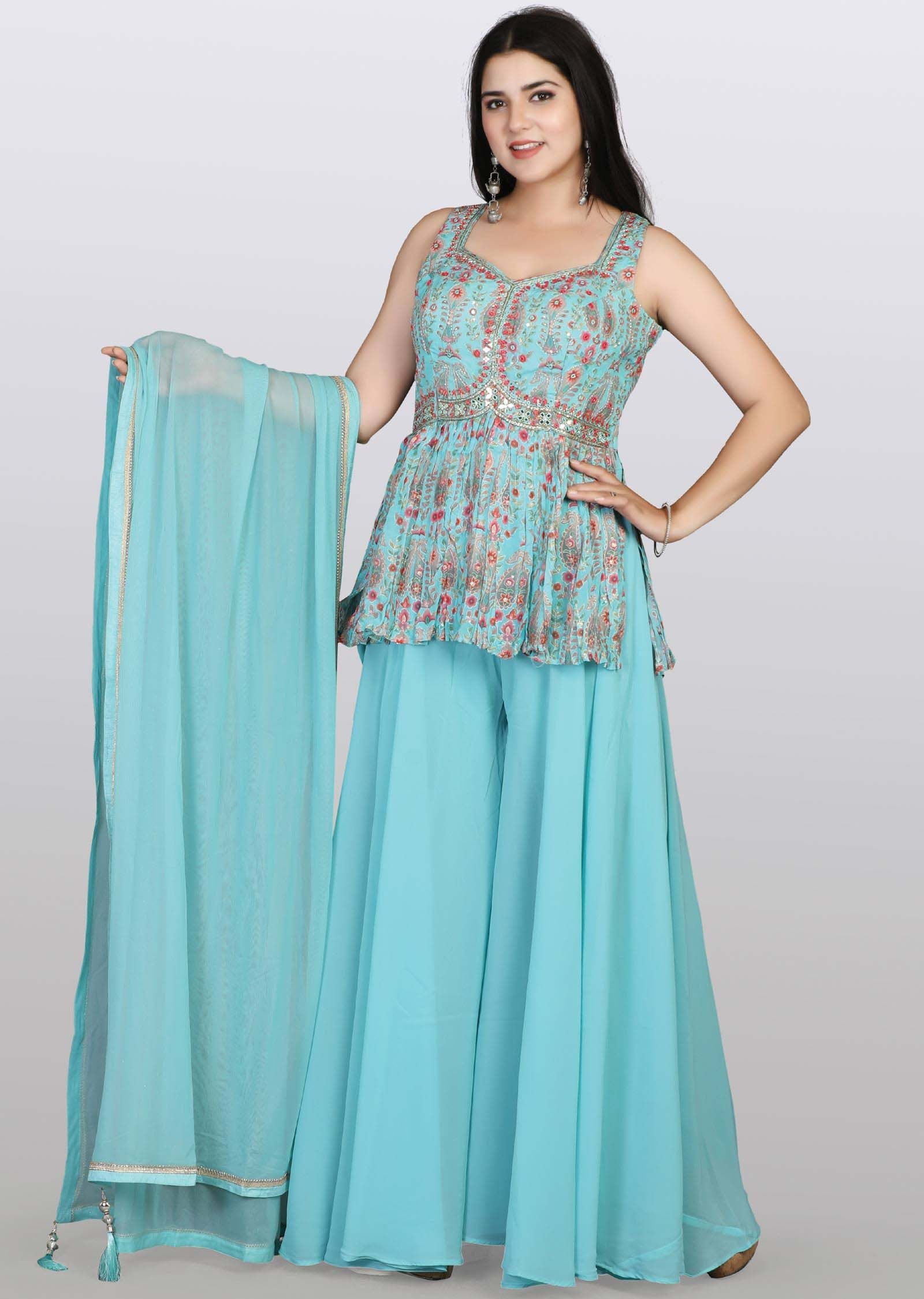 Sea Green Soft Organza Zardosi & Embroidered Peplum Suit