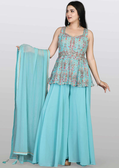 Sea Green Soft Organza Zardosi & Embroidered Peplum Suit