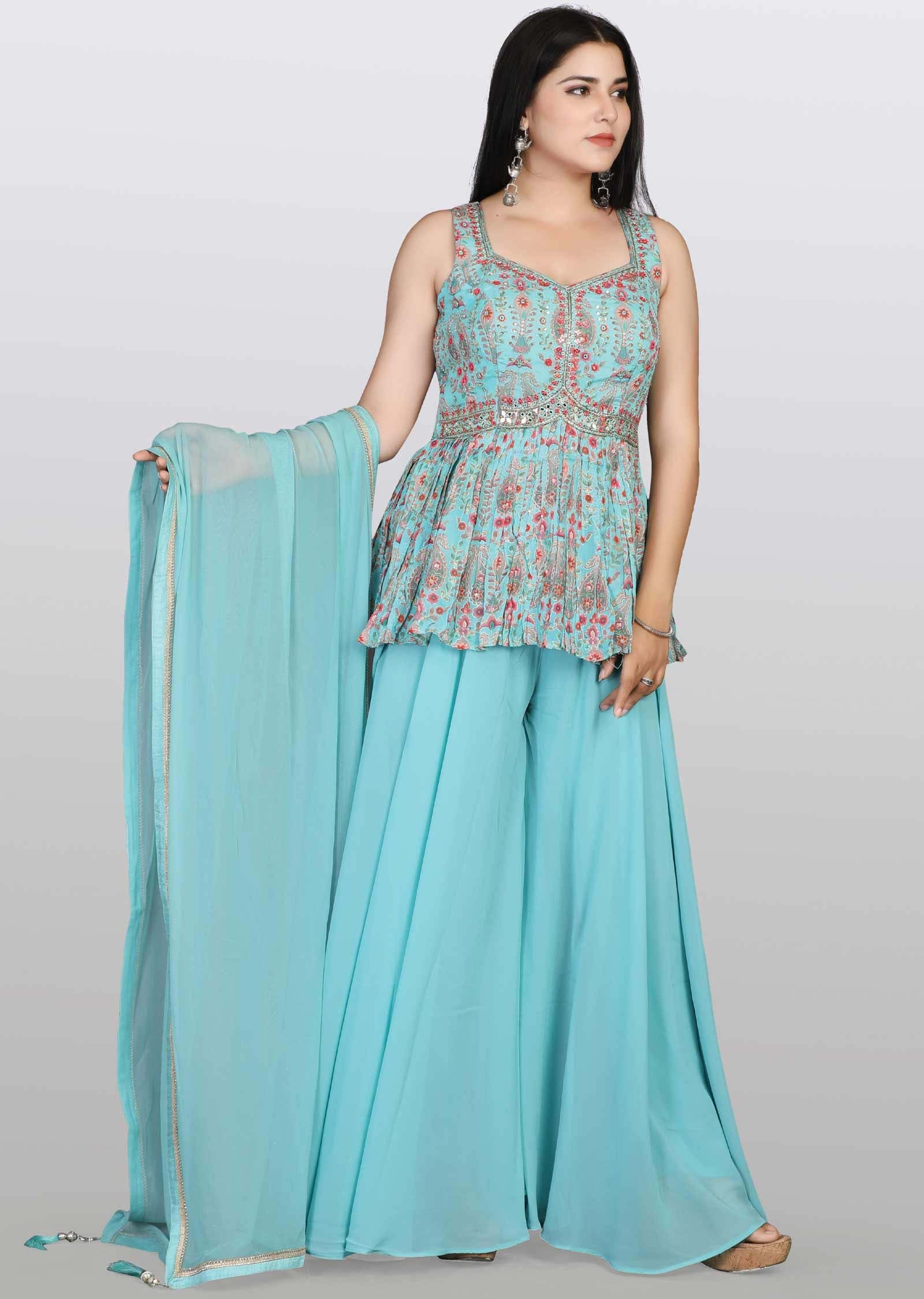 Sea Green Soft Organza Zardosi & Embroidered Peplum Suit