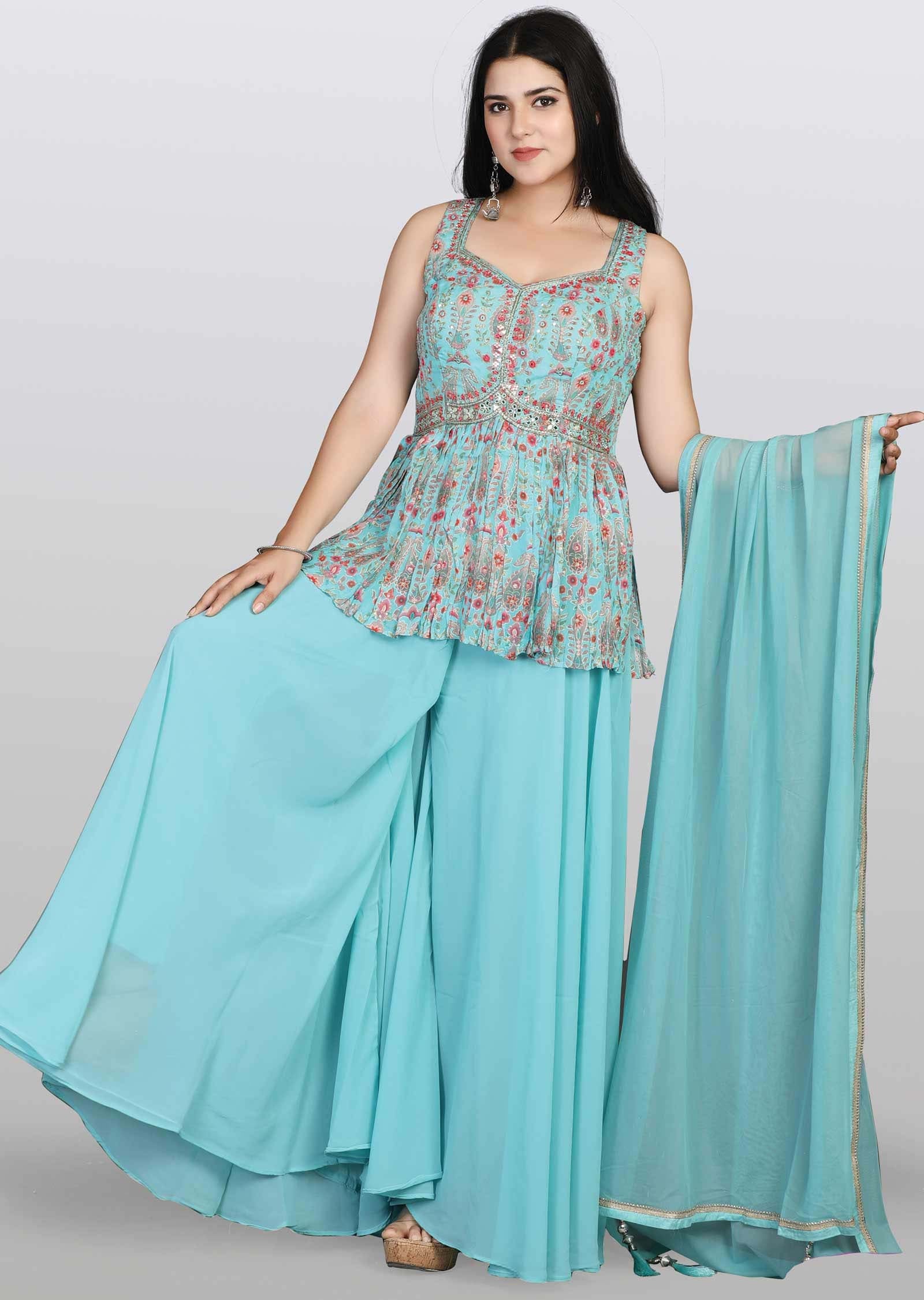 Sea Green Soft Organza Zardosi & Embroidered Peplum Suit