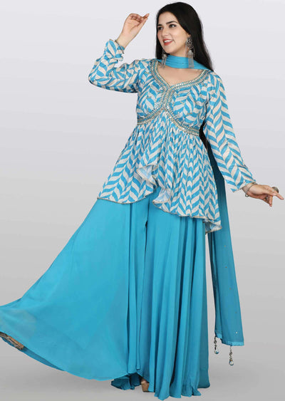 Light Blue Crepe Embroidered Peplum Suit