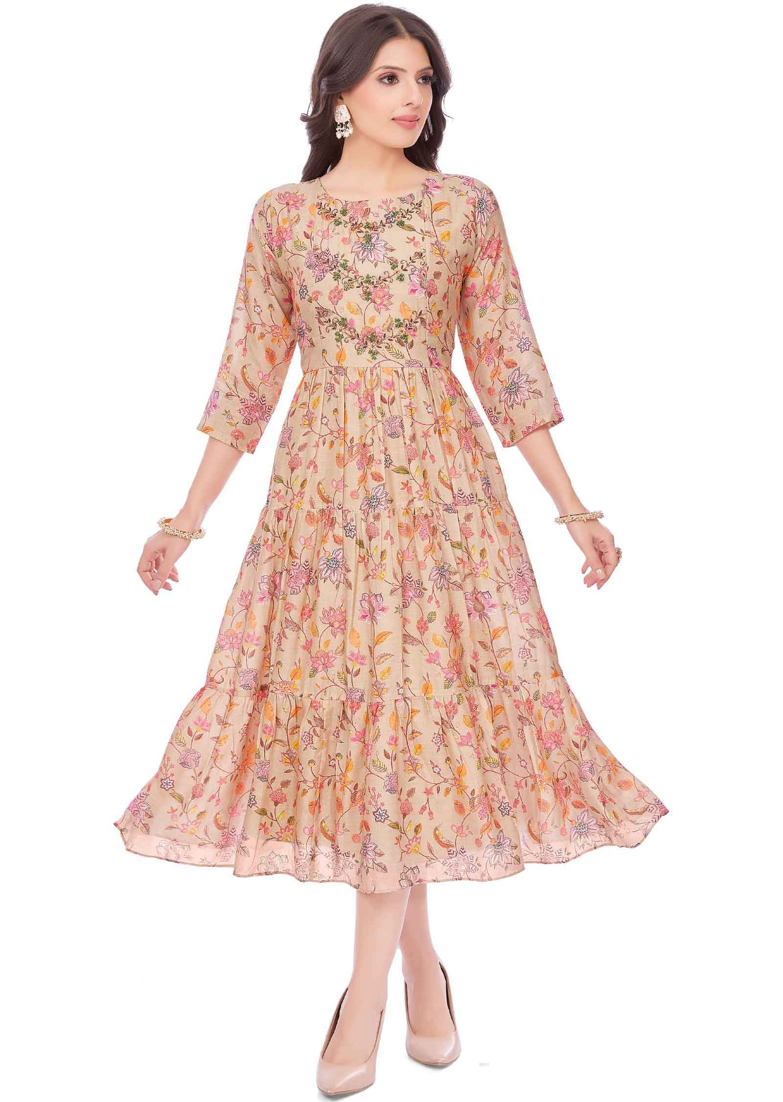 Beige Muslin Printed Frock Style Kurti