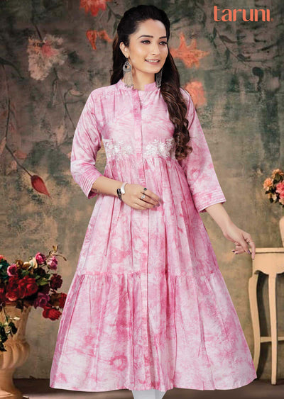 Pink Chanderi Printed Frock Style Kurti
