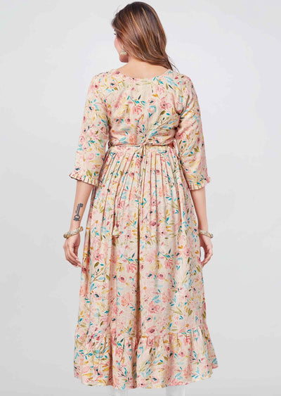 Beige Reyon Printed Frock Style Kurti