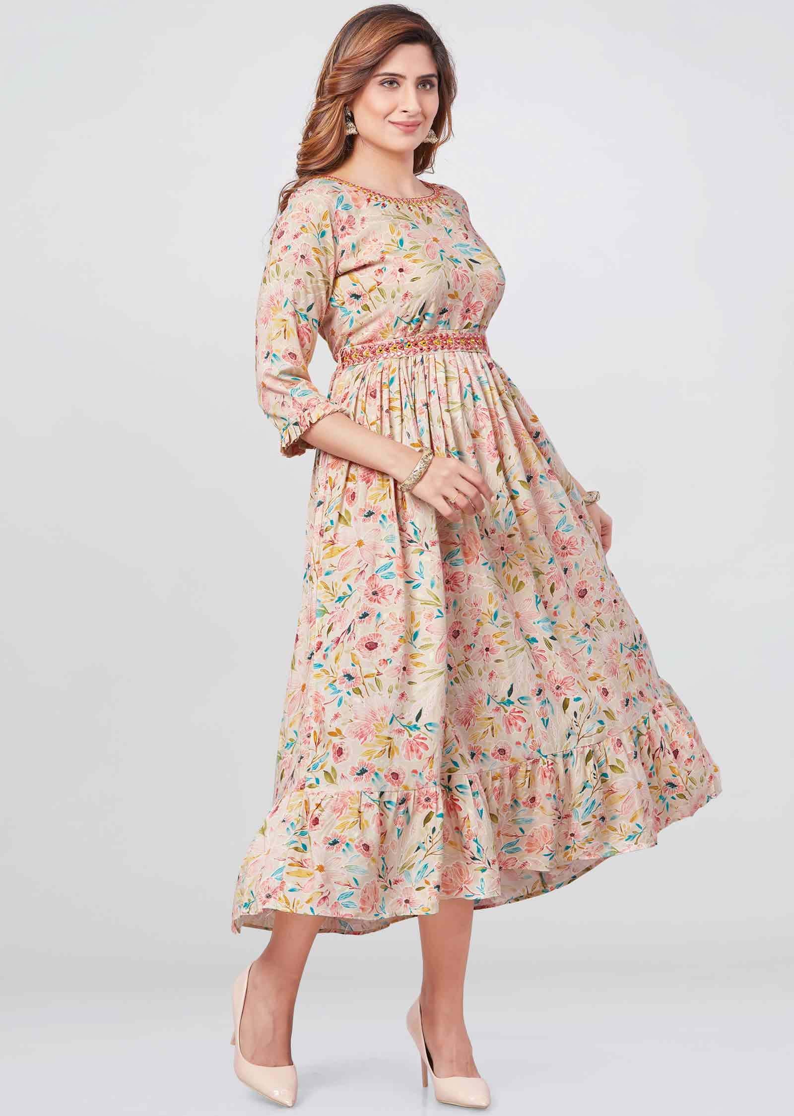 Beige Reyon Printed Frock Style Kurti