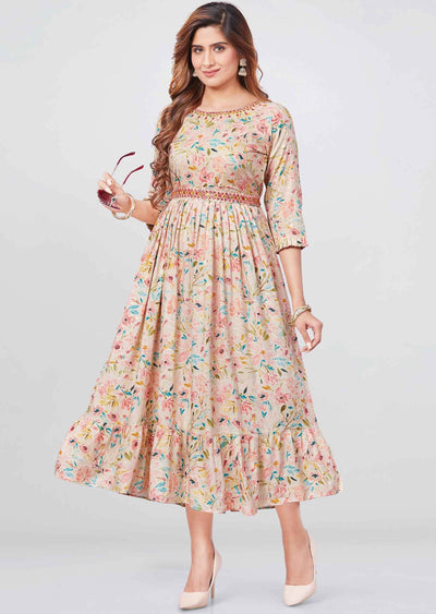 Beige Reyon Printed Frock Style Kurti