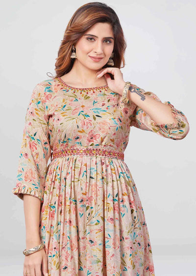 Beige Reyon Printed Frock Style Kurti