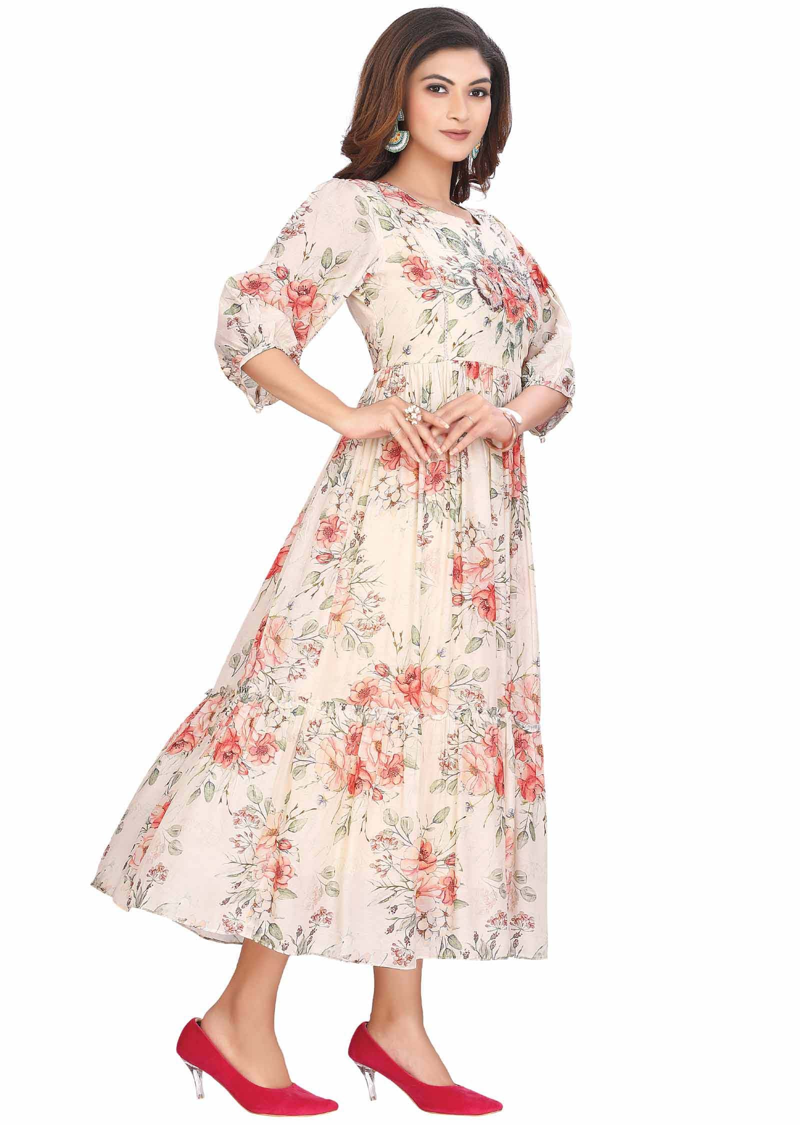 Cream Muslin Zardosi & Embroidered Frock Style Kurti