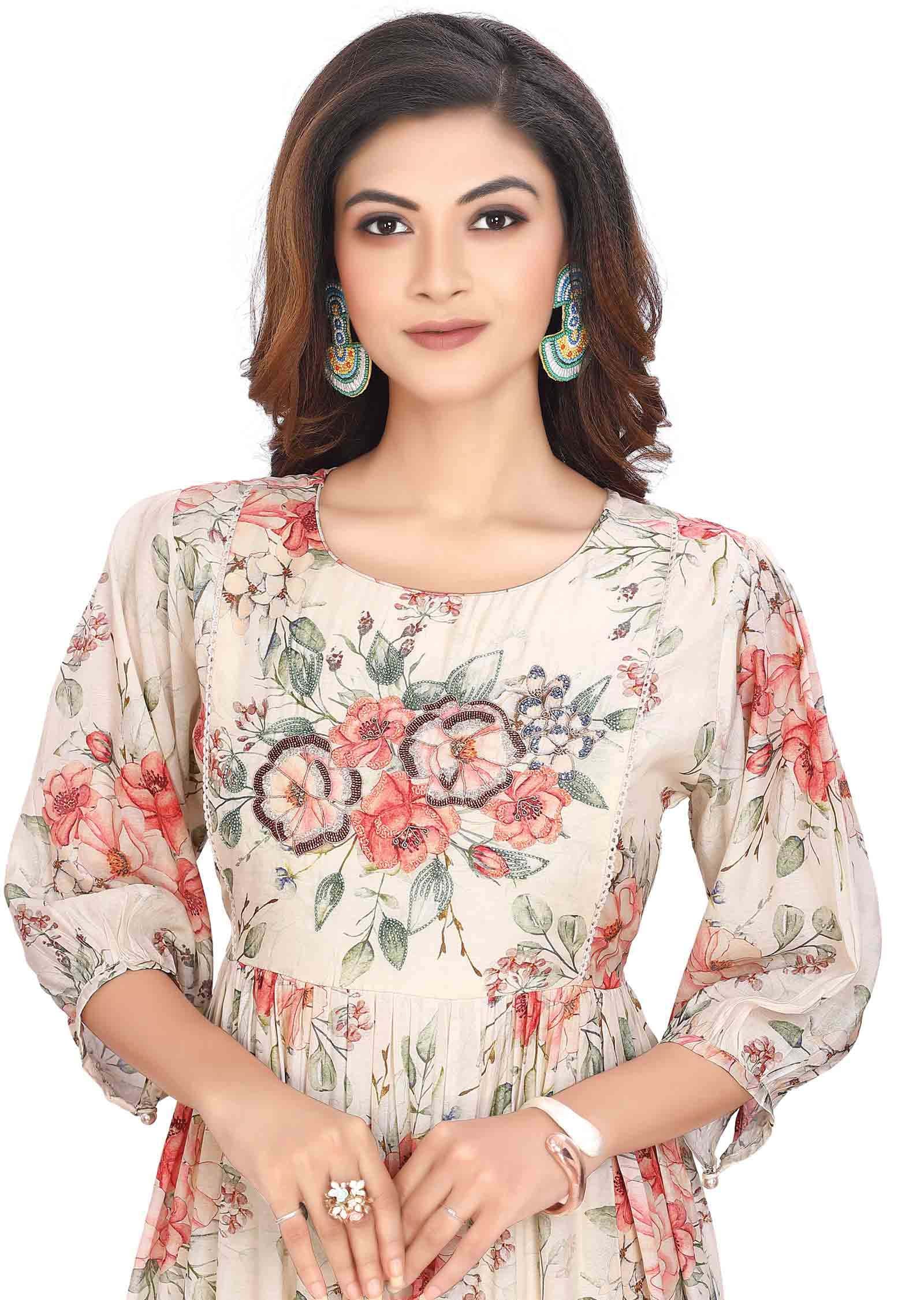 Cream Muslin Zardosi & Embroidered Frock Style Kurti