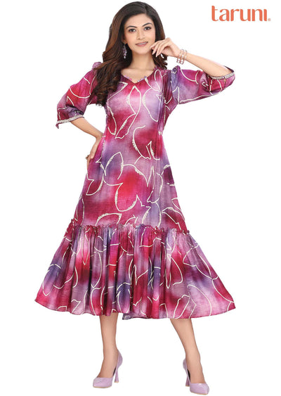Purple Silk Printed Frock Style Kurti