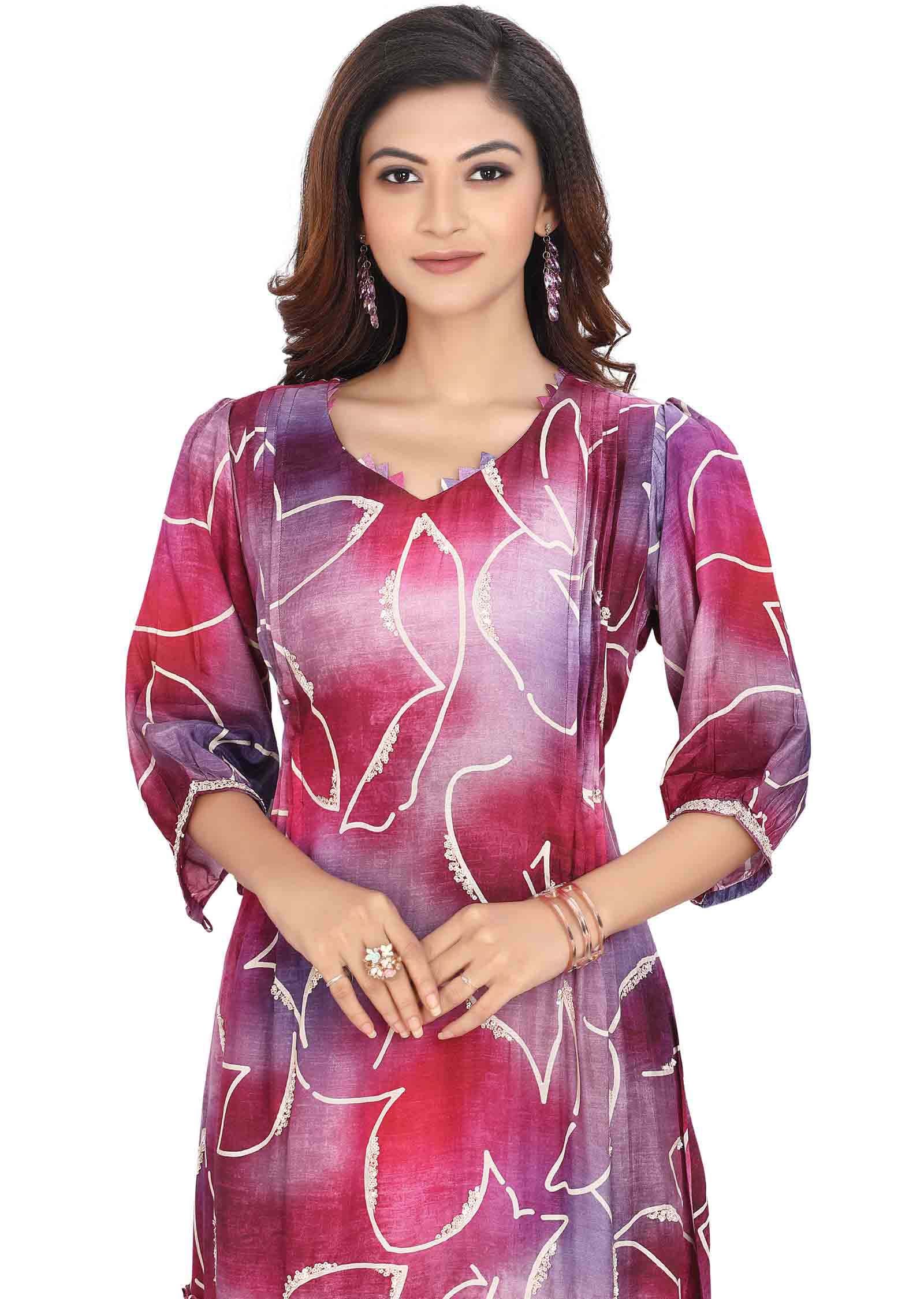 Purple Silk Printed Frock Style Kurti