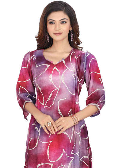 Purple Silk Printed Frock Style Kurti