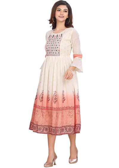 Cream Banaras Cotton Printed Frock Style Kurti