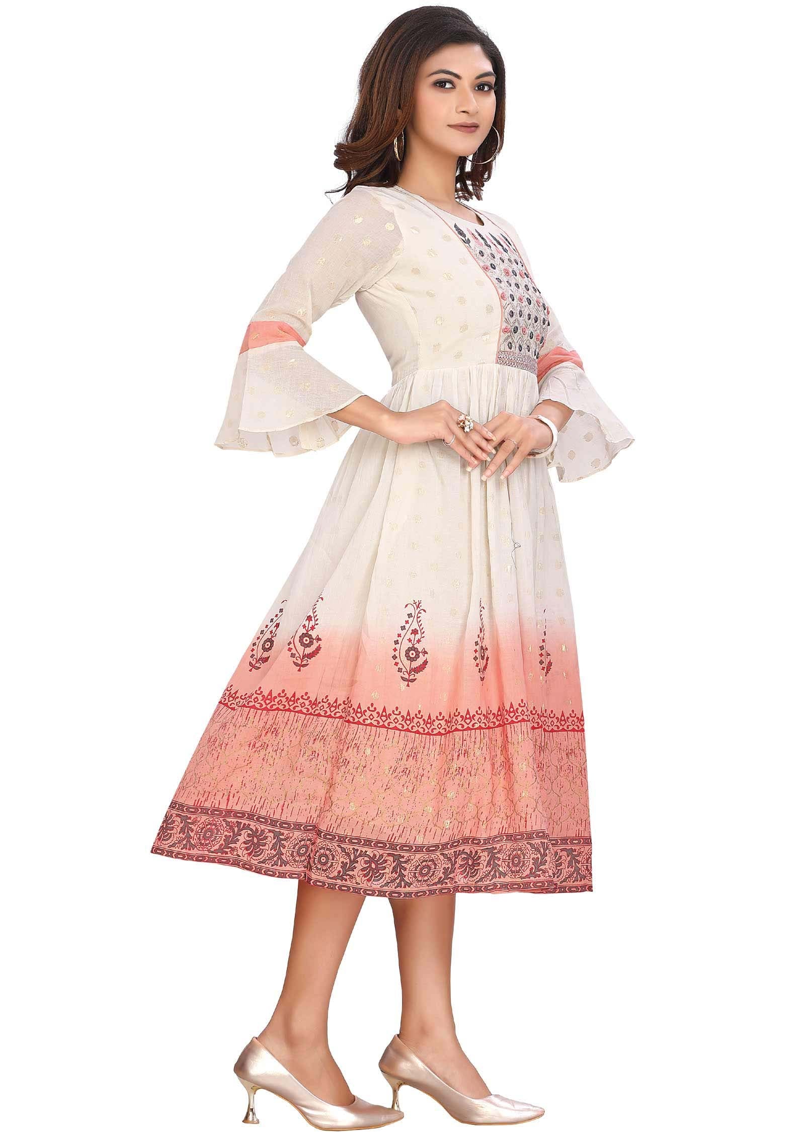 Cream Banaras Cotton Printed Frock Style Kurti