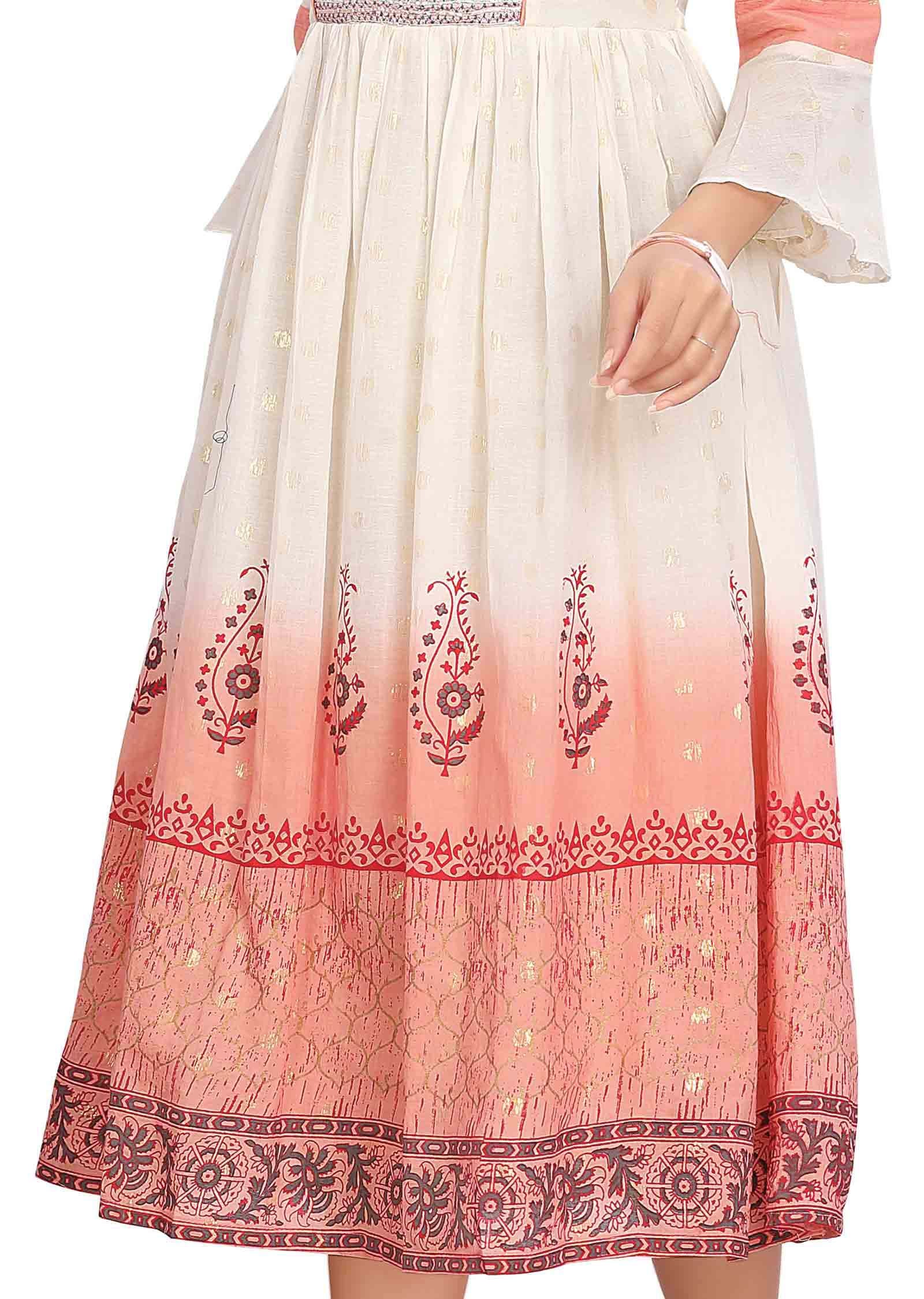 Cream Banaras Cotton Printed Frock Style Kurti
