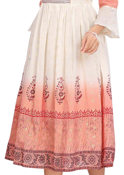 Cream Banaras Cotton Printed Frock Style Kurti