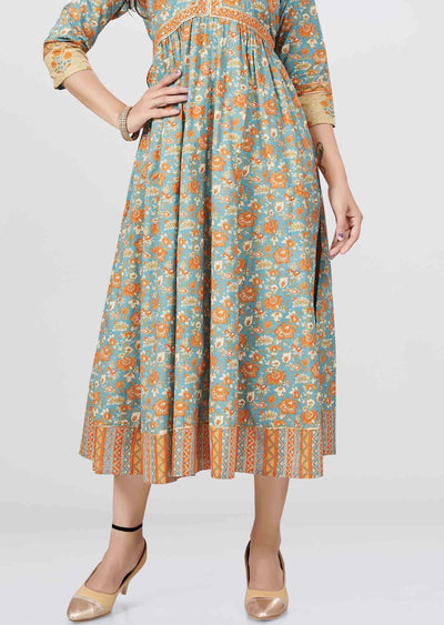 Greyish Blue Cotton Printed Frock Style Kurti