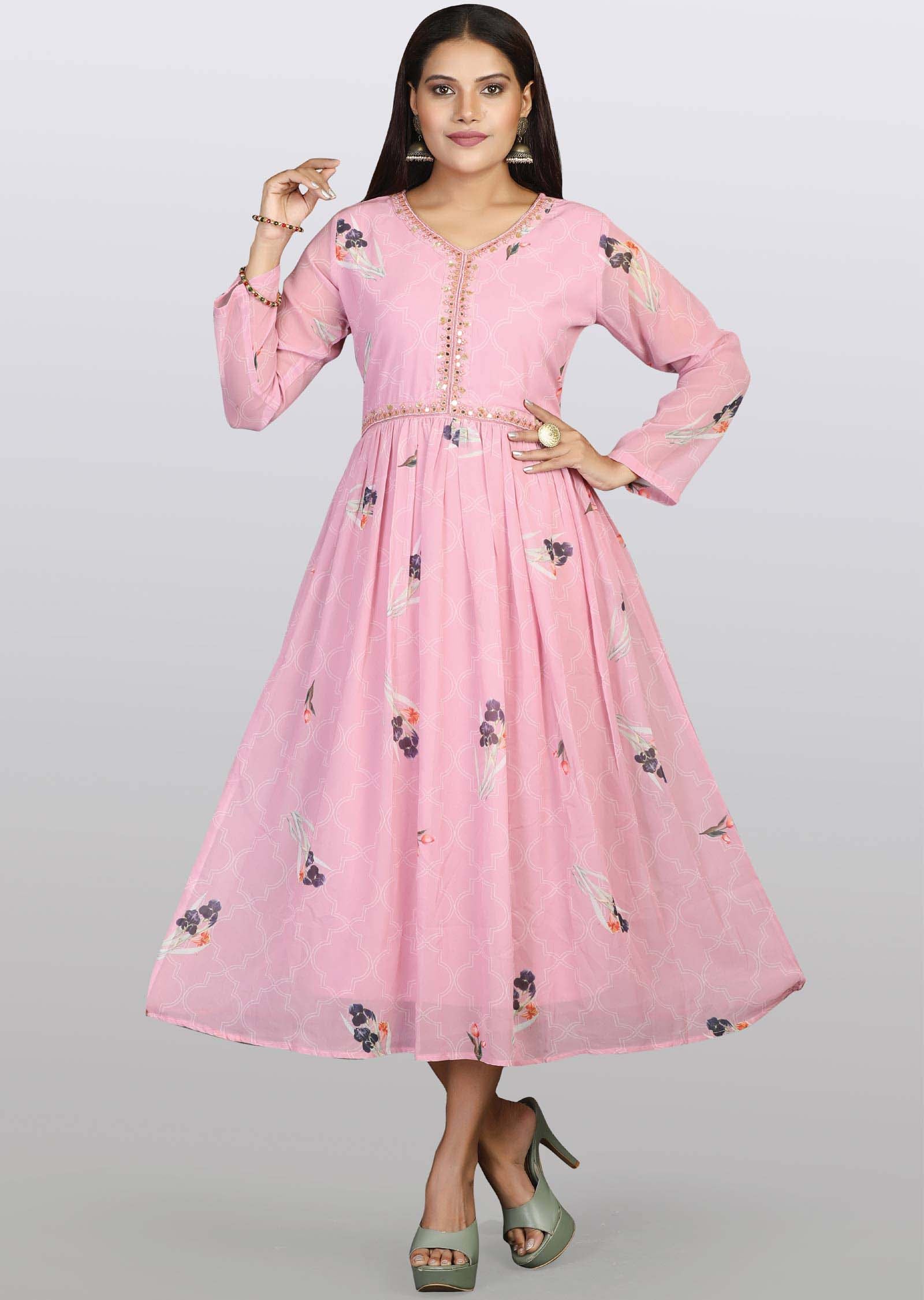 Pink Georgette Sequins Frock Style Kurti