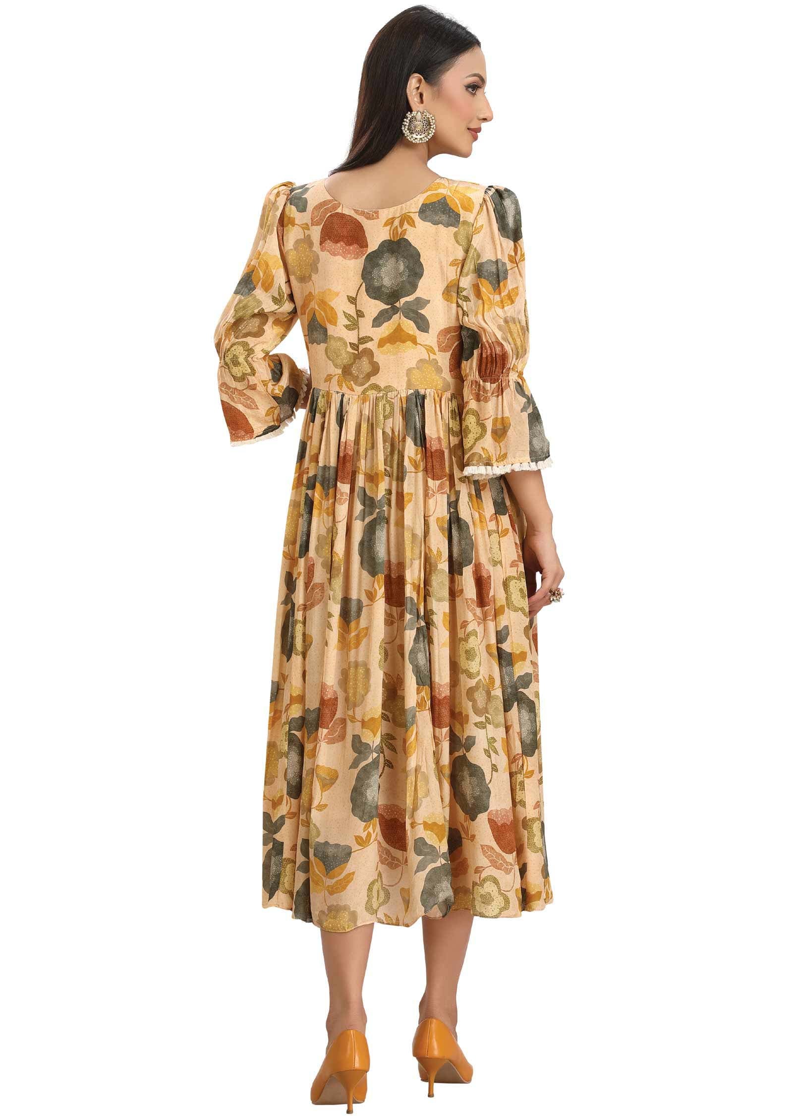 Dark Cream Crepe Printed Frock Style Kurti