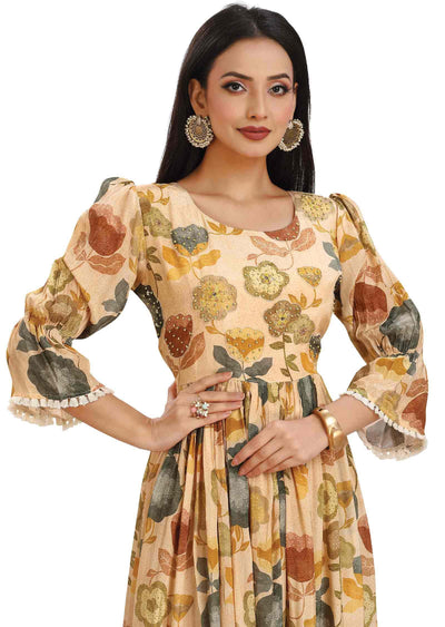 Dark Cream Crepe Printed Frock Style Kurti