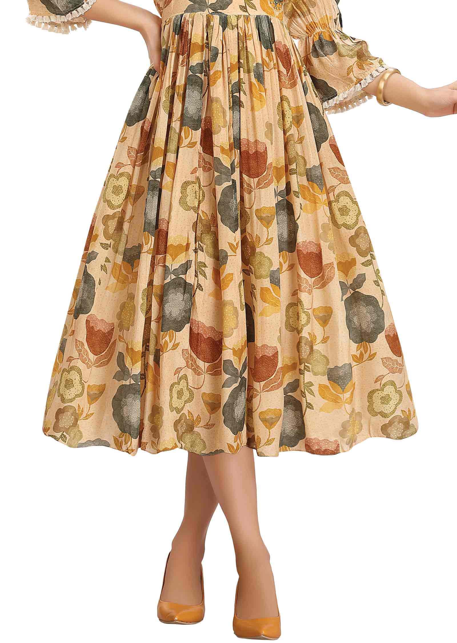 Dark Cream Crepe Printed Frock Style Kurti