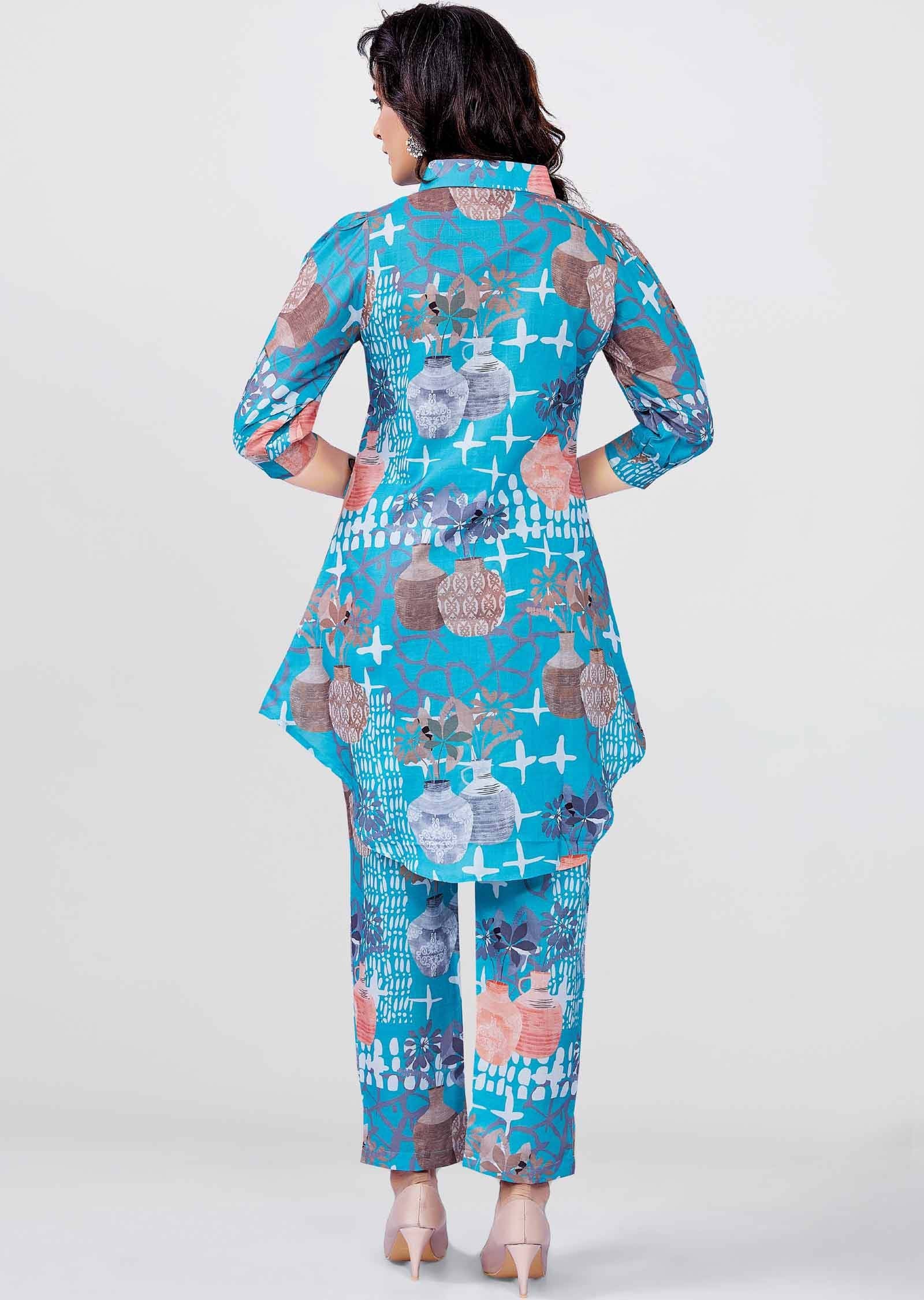 Sea Green Linen Cotton Printed Co-Ord Set