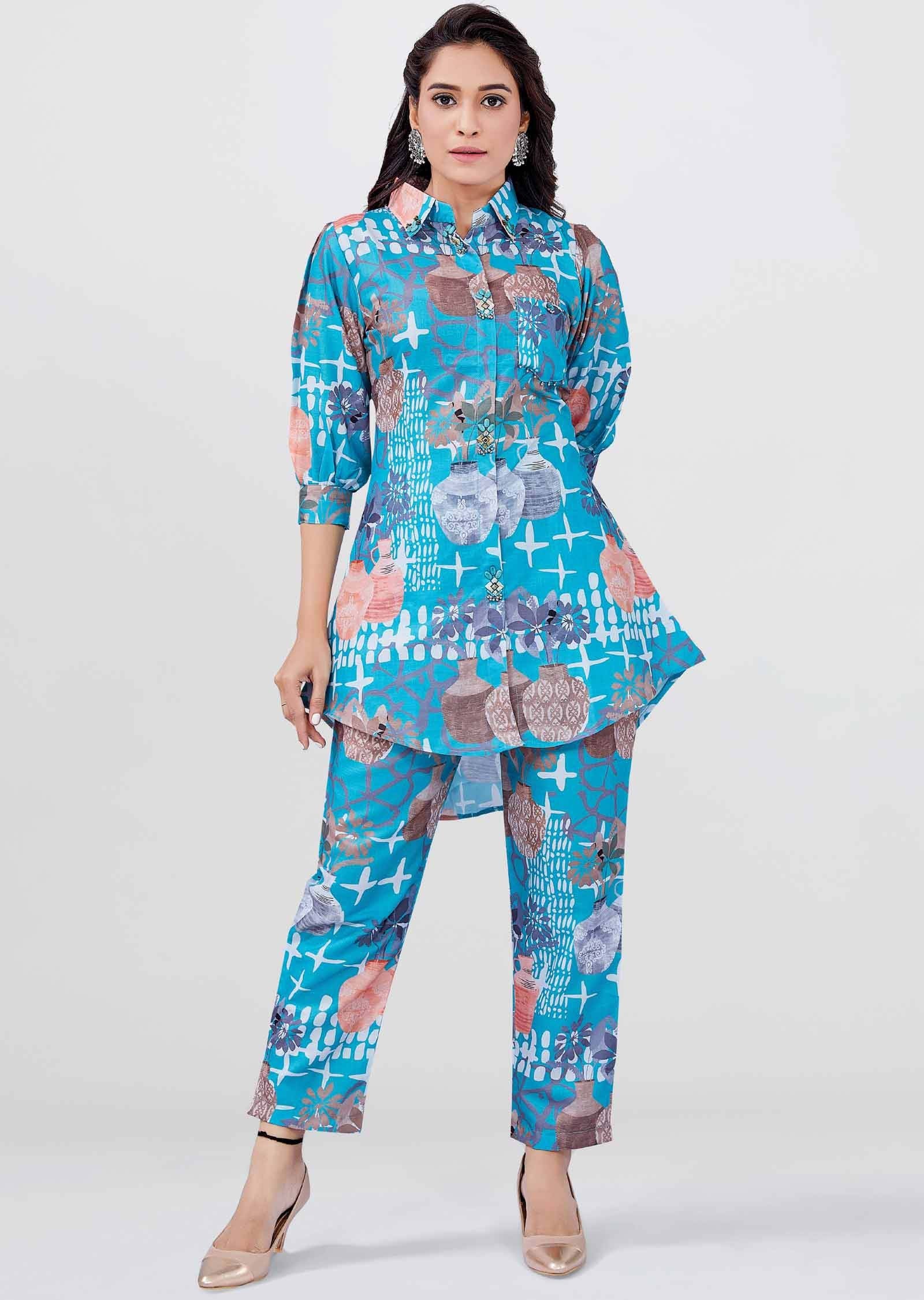 Sea Green Linen Cotton Printed Co-Ord Set