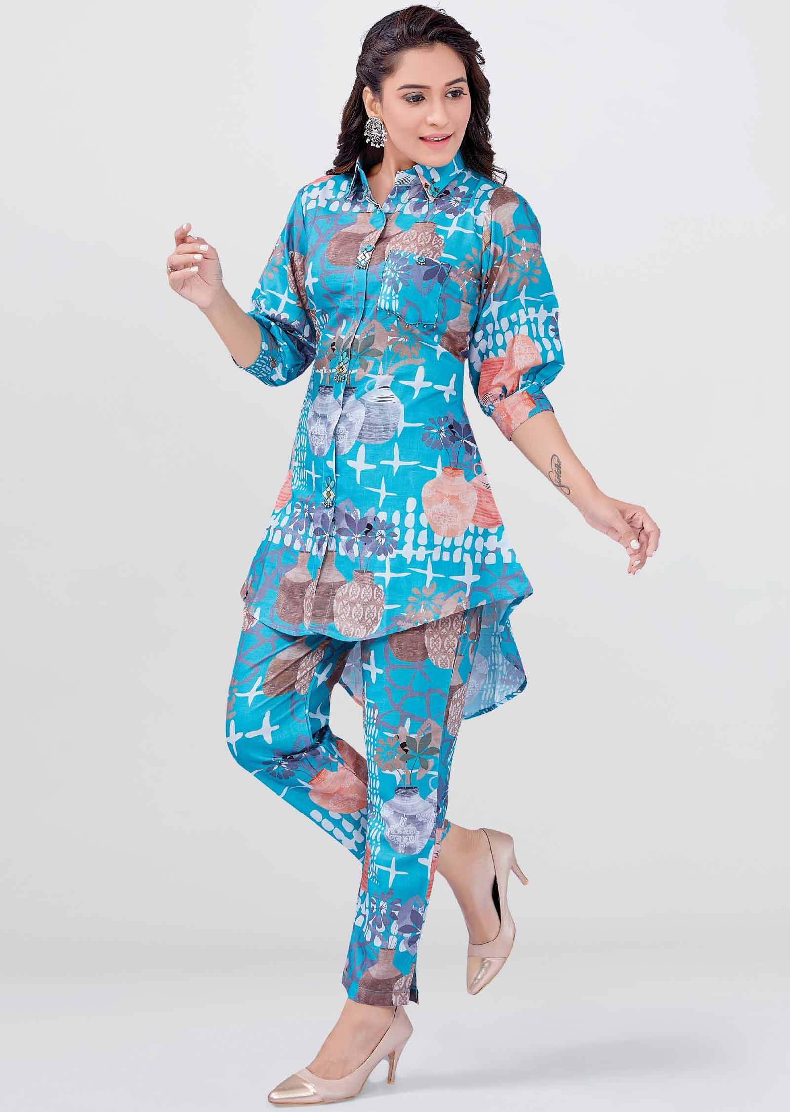 Sea Green Linen Cotton Printed Co-Ord Set